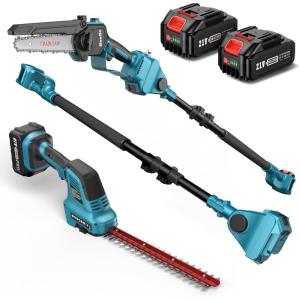 SEESII 6-in-1 Cordless Pole Saw & Hedge Trimmer Grass Shears Combo Kit, Electric Mini Chainsaw with 2×4.0 Ah Batteries, Extension Tree Pruner, Bush Trimmer Limb Branch Cutter, 16ft Long Reach