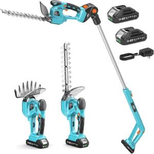 SEESII Brushless Pole Hedge Trimmers: 2-in-1 Cordless Grass Shears & 6″ Electric Bush Trimmer for Yard – Telescoping Pole, Dual 2.0 Ah Batteries, Handheld Grass Cutter for Tree & Shrubs Lawn Pruning