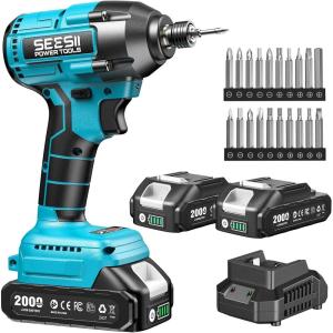 SEESII Cordless Impact Driver Kit, 21V Max Torque 1590 In-lbs(180 N.m) Impact Driver Set with Two 2.0 Ah Batteries, 1/4″ Hex Chuck Power Impact Driver w/ 20 Pcs Drill Bits, 0-2500 RPM Variable Speed