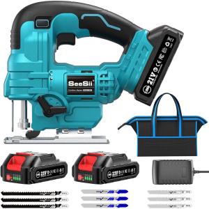 SEESII Cordless Jig Saw 21V, Electric Jigsaw Tool with 2× 2.0Ah Batteries, 2800RPM Variable Speed for Wood Cutting, 0°-45° Bevel Cuts, LED Light, 4 Orbital Settings for Straight/Curve/Circle Cutting(Blue)
