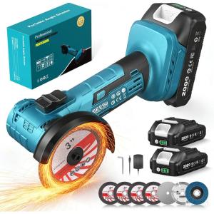 SEESII Cordless Mini Angle Grinder: 3-Inch Brushless Angle Grinder 19000 RPM with 2pcs 21V 2.0Ah Batteries, 7pcs Cutting Discs, 210W Power Electric Grinder Tool for Metal Wood Polishing Rust Removal(21V/2X 2.0AH Battery)
