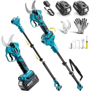 SEESII Electric Pruning Shears Cordless: 1.6″ Cutting Diameter Power Pruner – 2 Pcs 4.0Ah Batteries, Brushless Motor, Extra SK5 Blade, 4 Modes Adjustable Branch Cutter for Tree Flower Trimming(1.6” Electric Pruner with Pole)