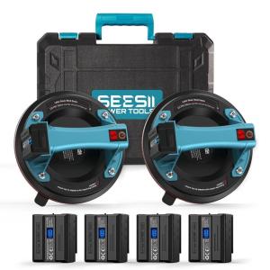 SEESII Glass Suction Cup Lifter, Electric Tile Suction Cups Tool, 300KG Max Load, 2X 2000mAh Batteries, Digital Display, Heavy Duty Glass Sucker Lifter for Lifting Large Tile/Ceramic/Floor(2Pcs-8 Inch-3.7V Lifters)