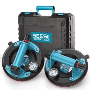 SEESII Suction Cups for Glass Lifting: 8″ Tile Suction Cup Lifter with Pressure Gauge, 250KG Max Load, Heavy Duty Vacuum Lifter for Lifting Large Tile, Granite, Metal, Windows (2-Pack)(8-Inch w/ Pressure Gauge (2pcs))