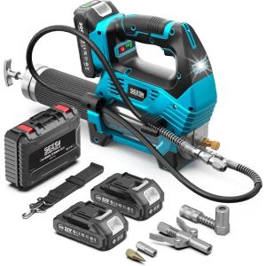 Seesii 10000PSI Electric Grease Gun: 3 Speed Control Battery Powered Grease Gun Cordless with 2 Batteries, Brushless Motor, 39.4” Long Hose, 90 Degree Coupler & LED Light for Heavy Duty Equipment(Blue)