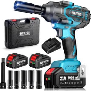 Seesii 1000N.m (738ft-lbs) Cordless Impact Wrench High Torque,1/2″ Brushless Impact Gun w/Two 4.0Ah Battery,Fast Charger, 5 Sockets & Storage Case, Electric Impact Wrench for Car Truck,WH760(Blue)