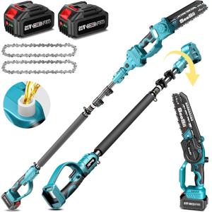Seesii 2 in 1 Cordless 8 inch Pole Saw & Mini Chainsaw with 2 Battery, Power Electric Polesaw for Tree Trimming, Chain Saw with Extension Pole, Limb Branch Cutter Pruner PS800(Green Pole Saw)