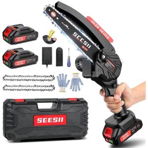 Seesii 2 in 1 Cordless 8 inch Pole Saw & Mini Chainsaw with 2 Battery, Power Electric Polesaw for Tree Trimming, Chain Saw with Extension Pole, Limb Branch Cutter Pruner PS800(Black)