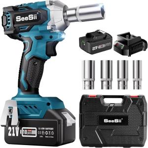 Seesii 3/8″ Cordless Impact Wrench, Power Impact Gun w/Max Torque 330Ft-lbs(450N.m), 4.0Ah Rechargable Battery & 4 Sockets, Compact Power Impact Wrench for Lightduty Work Car Home,WH450