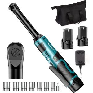 Seesii 3/8″ Long Neck Ratchet Wrench, 40Ft-lbs 6″ Extended Cordless Ratchet Wrench Kit w/ 2×2.0Ah Batteries & Fast Charge, 220RPM Variable Speed Ratcheting Wrench w/ 7 Sockets, RT400B