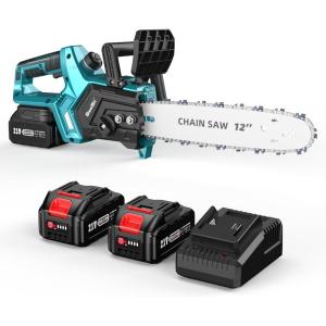 Seesii Battery Chainsaw Cordless 12-inch, Hand Held Chain Saw, 12-in Portable Chainsaw Battery Powered Chain Saws for Trees Wood Cutting, 2 * 5.0Ah Battery and Charger Included, CH1200+