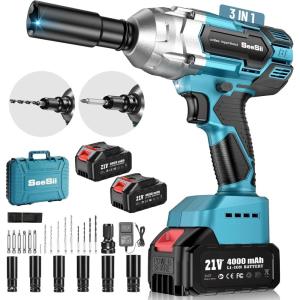 Seesii Cordless Impact Wrench 1/2 inch, High Torque 479 Ft-lbs(650Nm) Brushless Impact Gun,2500RPM w/2×4.0 Battery, 6 Sockets,8 Drill Bits, High Torque Power Impact Driver for Car Home,WH700(650Nm)