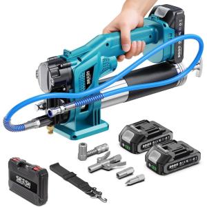 Seesii Electric Grease Gun Kit: High-Performance 10000PSI 4.6 oz/min Battery Powered Grease Gun Cordless with 2 Batteries, 39.4″ Long Hose, 90 Degree Coupler, 3 Tips for Faster and Effortless Greasing(Blue)