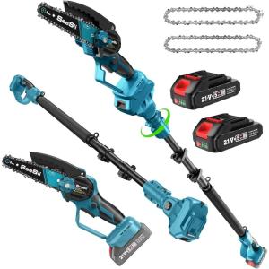 Seesii PS610 2-IN-1 Cordless Pole Saw & Mini Chainsaw, 6-Inch Brushless Chain Saw with 2x 2.0Ah Battery, 16-Foot MAX Reach Brach Tree Saw with Extension Pole for Wood Cutting Garden 2024 UPGRADE