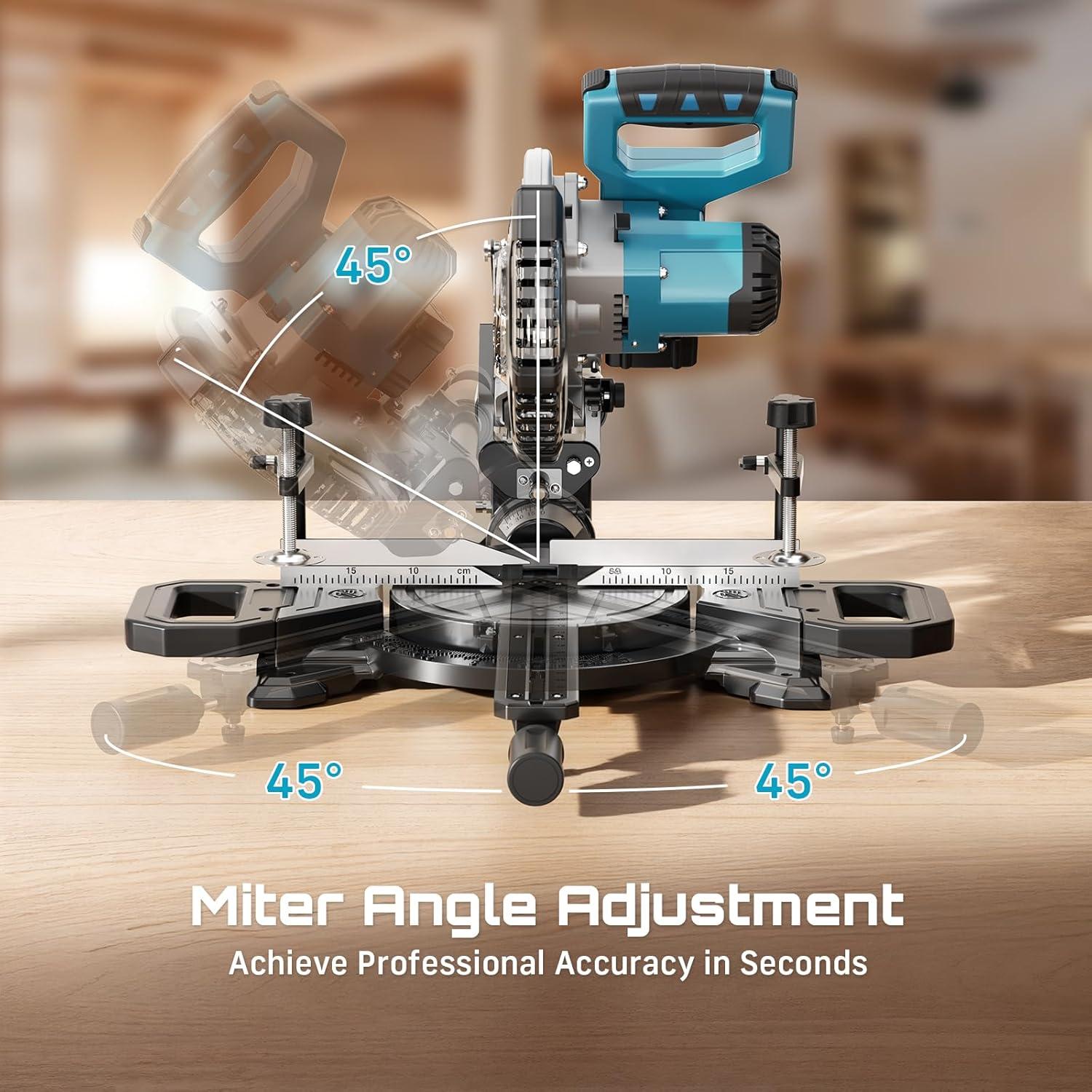 imageSEESII Sliding Compound Miter Saw Cordless Power Miter Saw with Laser Guide 8Inch 2 5000 mAh Batteries Single Bevel 45 24T TCT Blade Max Cut 2512inch Ideal for DIY ampamp Woodworking