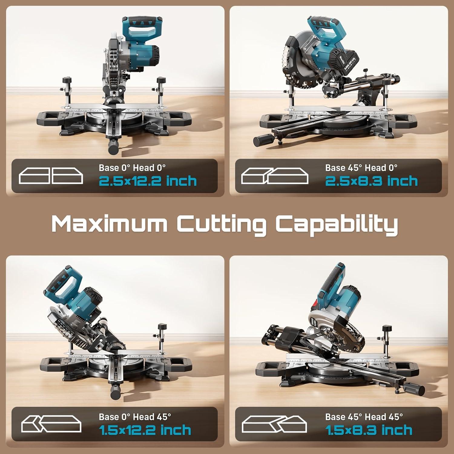 imageSEESII Sliding Compound Miter Saw Cordless Power Miter Saw with Laser Guide 8Inch 2 5000 mAh Batteries Single Bevel 45 24T TCT Blade Max Cut 2512inch Ideal for DIY ampamp Woodworking