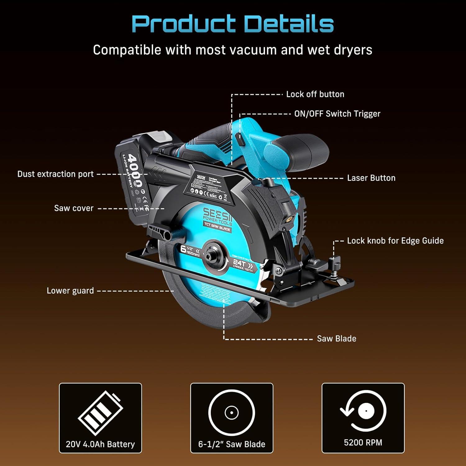 imageSeesii 612quot Cordless Circular Saw with Battery and Charger5200 RPM Electric Power Saw with Laser and Rip Guide for Precise Wood CuttingMax Cut Depth 214quot901716quot 45 for Home Renovation
