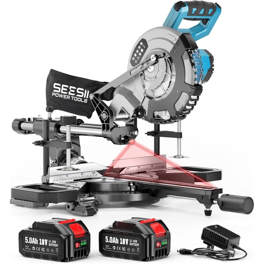 imageSEESII Sliding Compound Miter Saw Cordless Power Miter Saw with Laser Guide 8Inch 2 5000 mAh Batteries Single Bevel 45 24T TCT Blade Max Cut 2512inch Ideal for DIY ampamp Woodworking