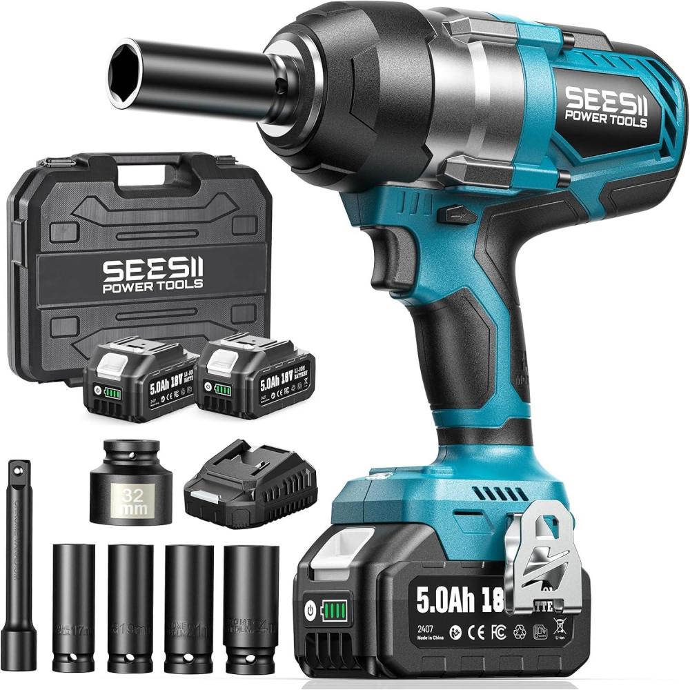 imageSeesii Cordless Impact Wrench 1180Ftlbs 1600Nm 12 High Torque Brushless Impact Gun 2500IPM 18V Power Impact Wrench 2 5000mAh Battery 4 Sockets Variable Speeds for CarTruck RVMowerWH8101400Nm