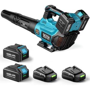 SEESII Leaf Blower Cordless, Rotated 180° Electric Leaf Blower with 2 * 4.0Ah Batteries and Charger, 550CFM 150MPH Lightweight Blower with 5 Speed Mode for Lawn Care, Yard, Patio & Outdoor Use(40V Leaf Blower)