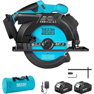 Seesii 6-1/2″ Cordless Circular Saw with Battery and Charger,5200 RPM Electric Power Saw with Laser and Rip Guide for Precise Wood Cutting,Max Cut Depth 2-1/4″(90°),1-7/16″ (45°) for Home Renovation