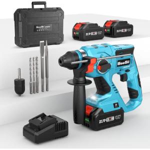 Seesii Cordless Rotary Hammer Drill, Battery Power Hammer with 2×4.0Ah Batteries SDS-Plus Change Adapter Including 3 Drill Bits, Flat/Point Chisels Lightweight Electric Hammer Drill for DIY projects