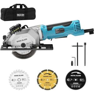 Seesii Mini Circular Saw with Laser Guide,4.8A 4000 RPM Compact Corded Circular Saw with Rip Guide,3 Blades (4-1/2″) for Wood,Soft Metal,Tile,Plastic Cutting,Max Cut Depth 1-11/16″(90°),1-1/8″ (45°)