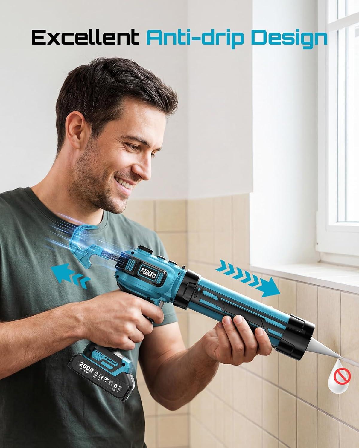 image:imageSEESII Electric Caulk Gun Cordless Caulking gun w2 x 20Ah Batteries Battery Power Caulking Gun with Brushless Motor amp LED Light Filling and Sealing for Doors Floors Walls Window 10 Oz