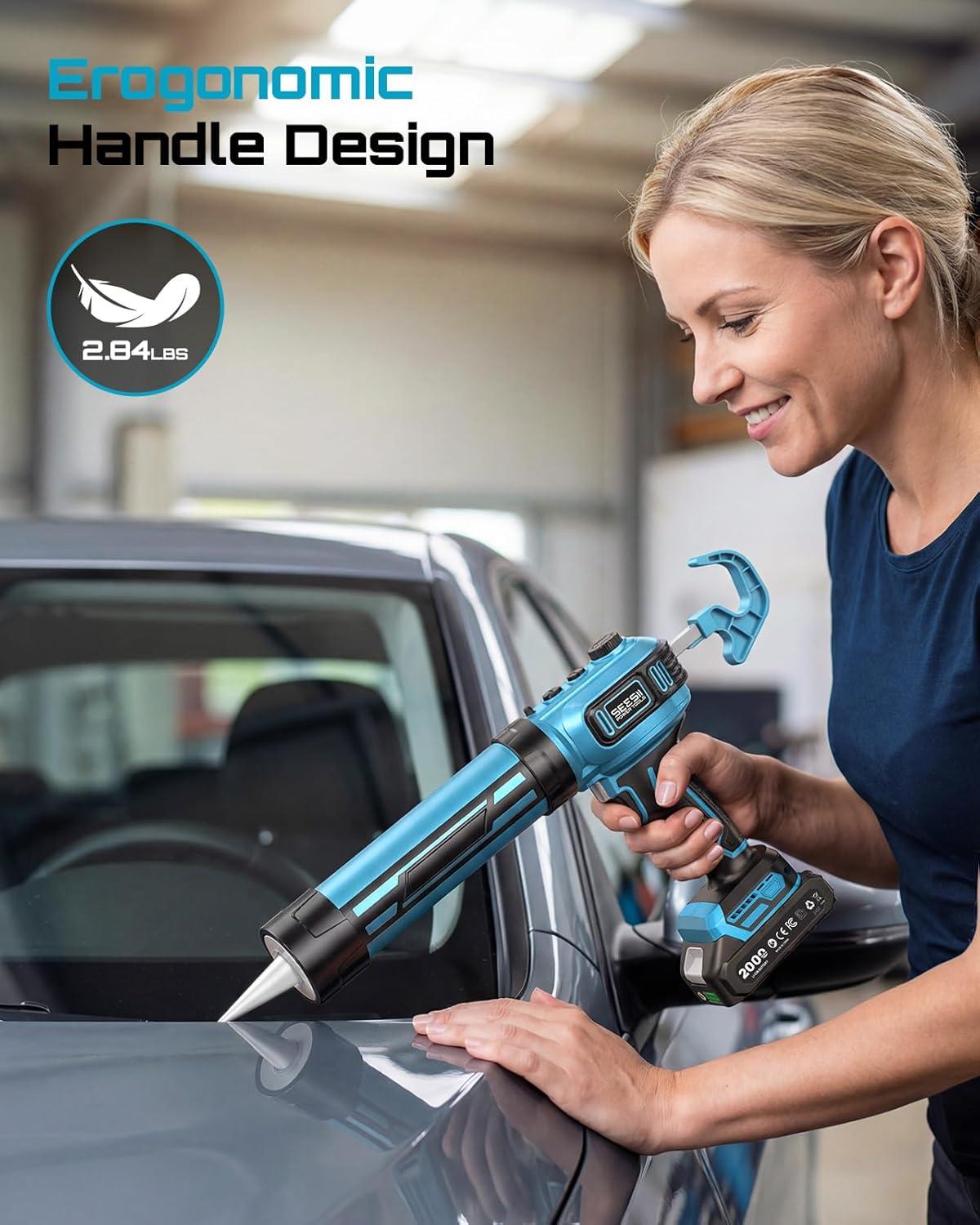 image:imageSEESII Electric Caulk Gun Cordless Caulking gun w2 x 20Ah Batteries Battery Power Caulking Gun with Brushless Motor amp LED Light Filling and Sealing for Doors Floors Walls Window 10 Oz
