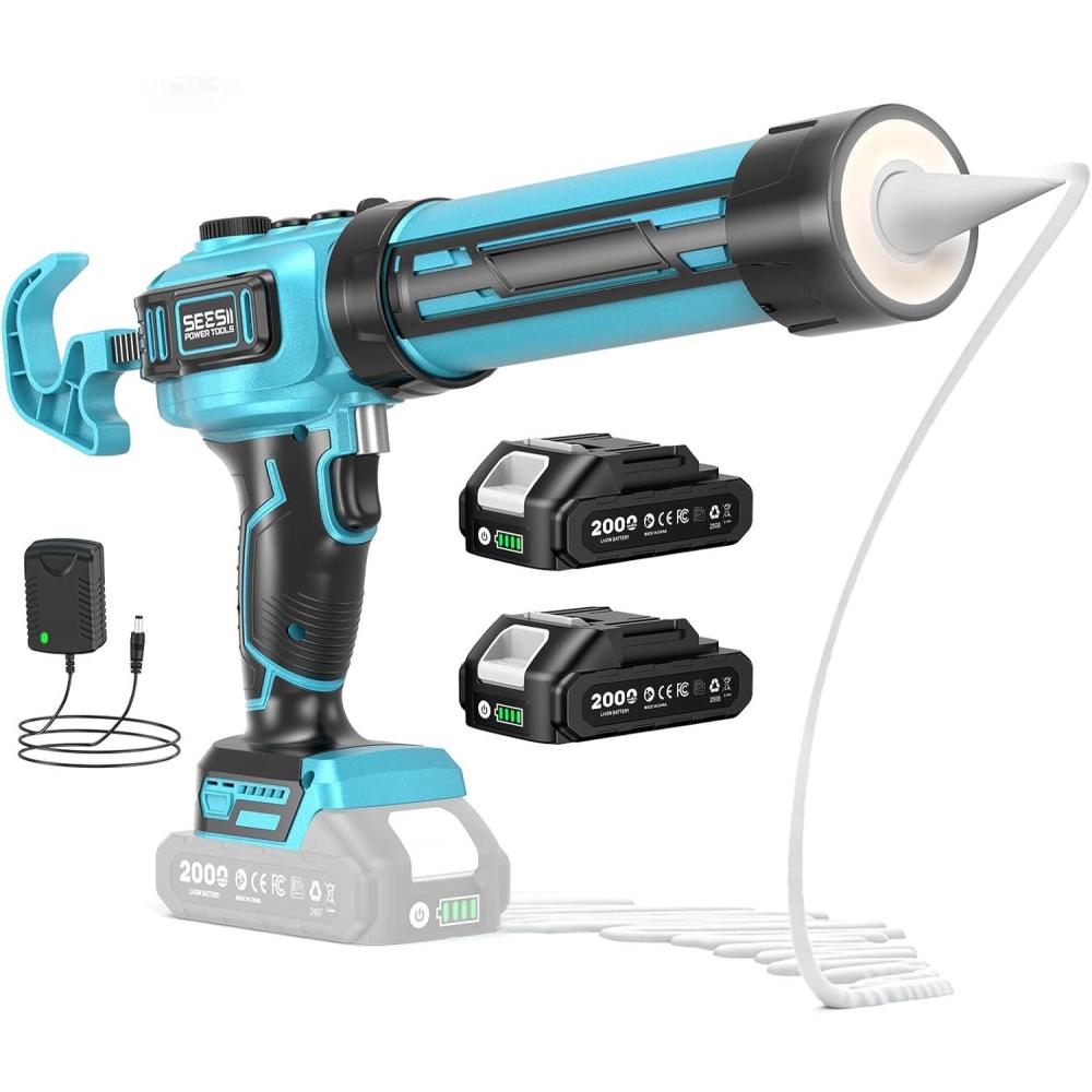 image:imageSEESII Electric Caulk Gun Cordless Caulking gun w2 x 20Ah Batteries Battery Power Caulking Gun with Brushless Motor amp LED Light Filling and Sealing for Doors Floors Walls Window 10 Oz