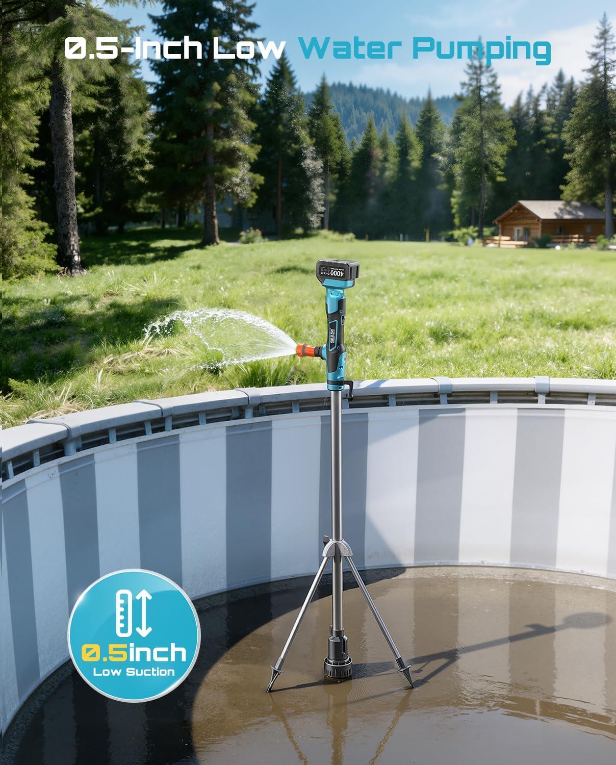 image:imageSeeSii Cordless Stick Water Transfer Pump with Tripod Stand Handsfree Portable Electric Water Pump 720GPH amp 2 x 40Ah Batteries 32FT Lift for Pool Draining Boat Bilge Garden Rain Barrel Basement