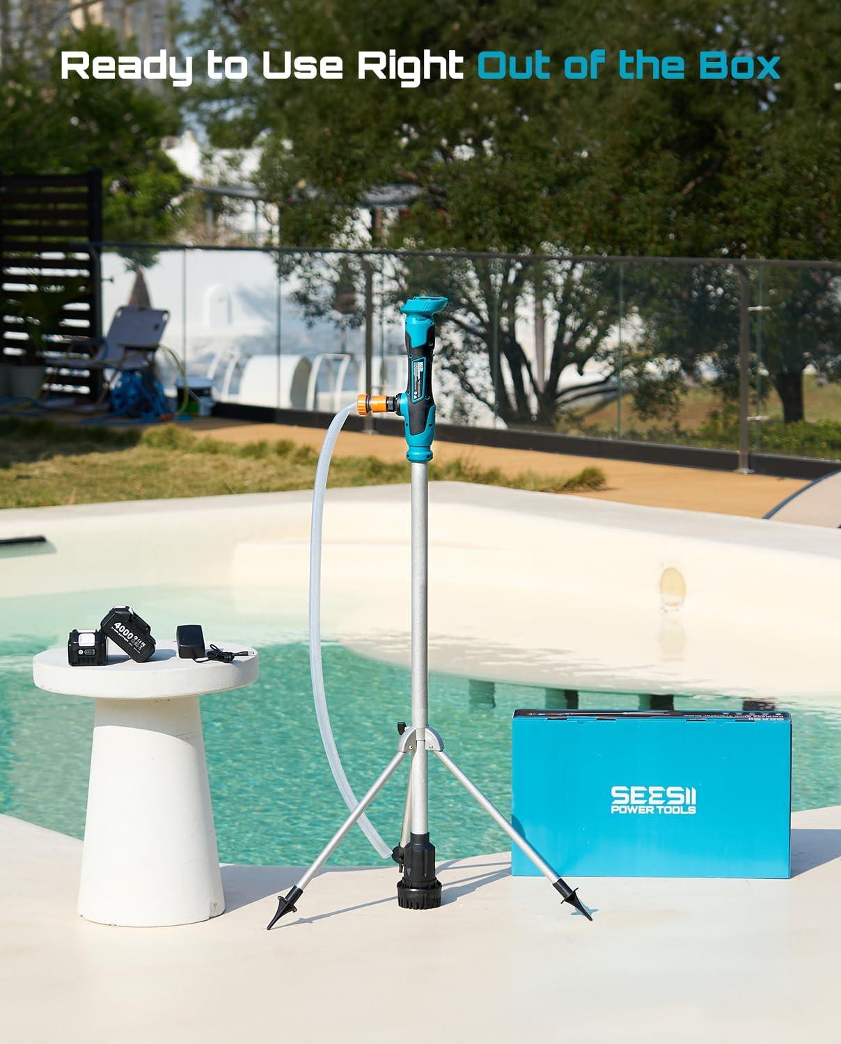 image:imageSeeSii Cordless Stick Water Transfer Pump with Tripod Stand Handsfree Portable Electric Water Pump 720GPH amp 2 x 40Ah Batteries 32FT Lift for Pool Draining Boat Bilge Garden Rain Barrel Basement