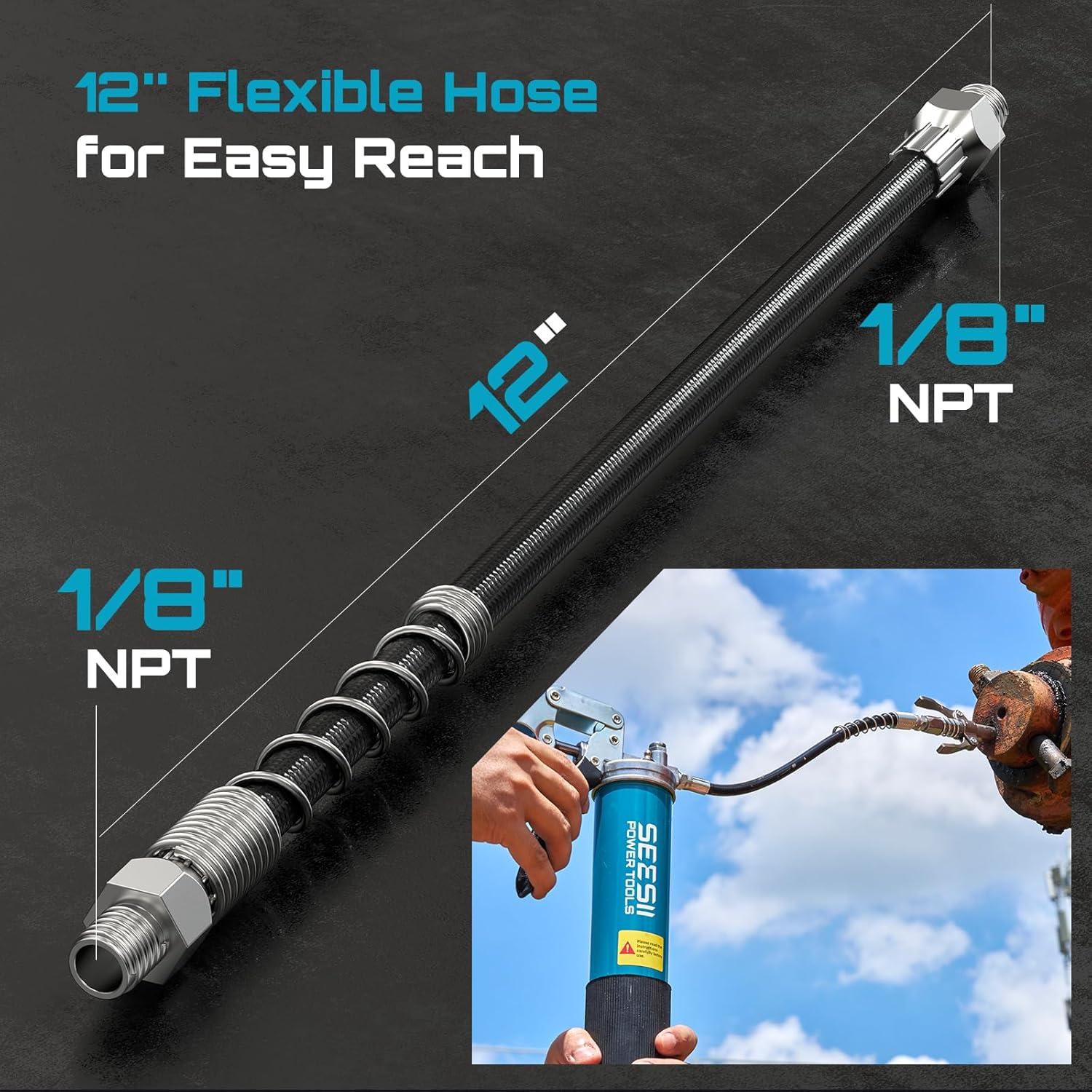 image:imageSeesii Grease Gun Accessory Kit Includes QuickRelease Coupler 90 Degree Grease Gun Coupler Adapter 12 Inch Flexible Hose 2 Grease Needle Tips for Easy Greasing Narrow Tight amp Deep Spaces GR04PStandard Kit with Needle Tips