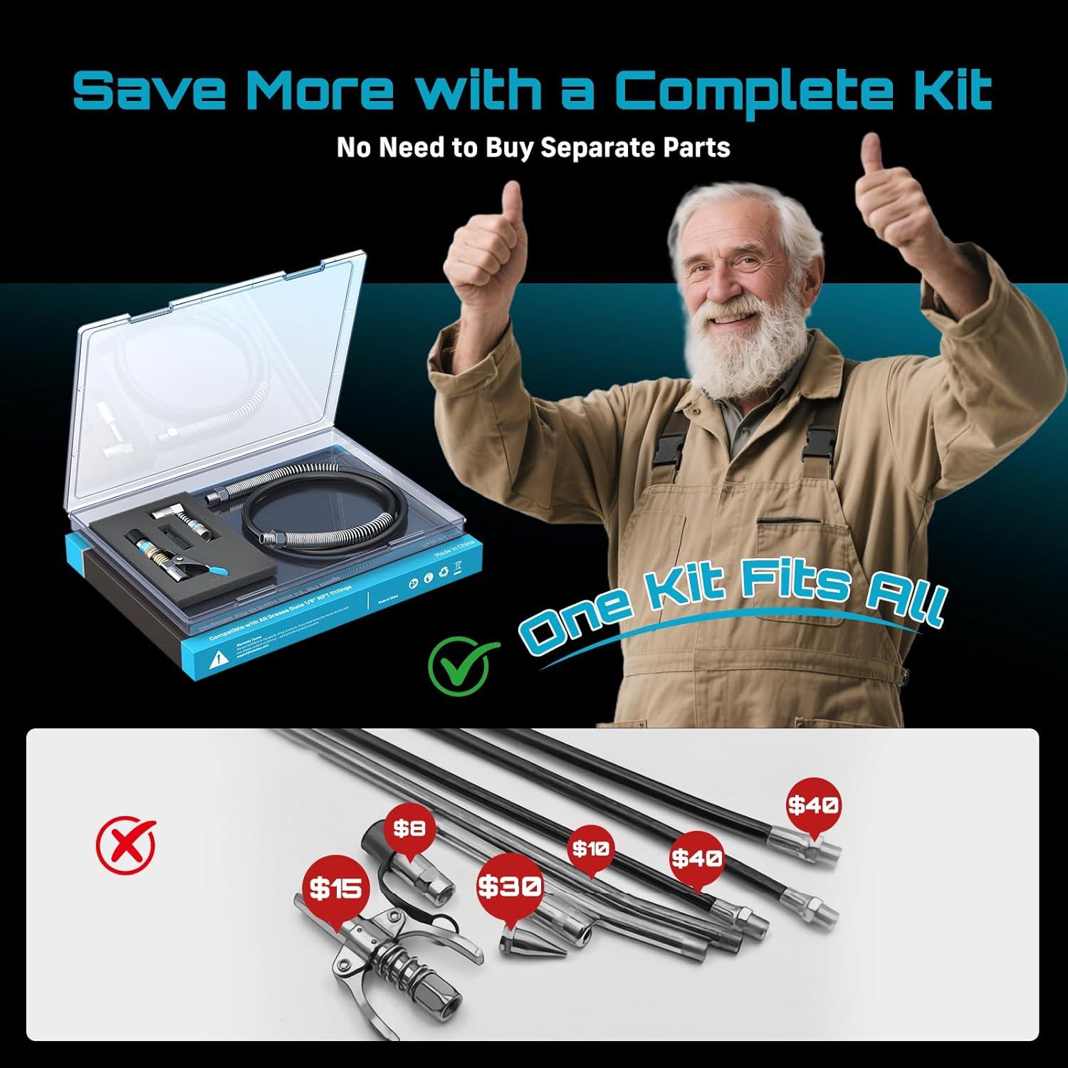 image:imageSeesii Grease Gun Accessory Kit Includes QuickRelease Coupler 90 Degree Grease Gun Coupler Adapter 12 Inch Flexible Hose 2 Grease Needle Tips for Easy Greasing Narrow Tight amp Deep Spaces GR04PPro Kit 12000 PSI Coupler 394 Hose