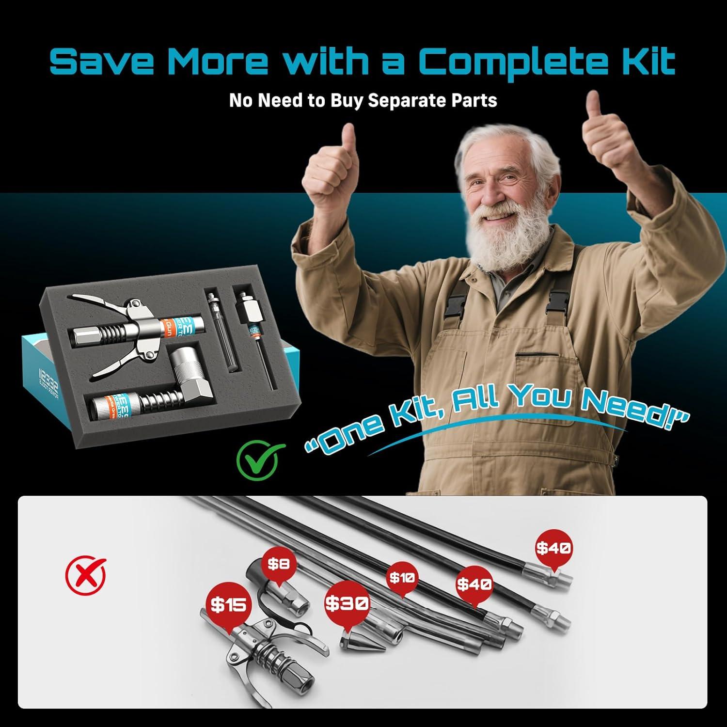 image:imageSeesii Grease Gun Accessory Kit Includes QuickRelease Coupler 90 Degree Grease Gun Coupler Adapter 12 Inch Flexible Hose 2 Grease Needle Tips for Easy Greasing Narrow Tight amp Deep Spaces GR04PStandard Kit with Needle Tips
