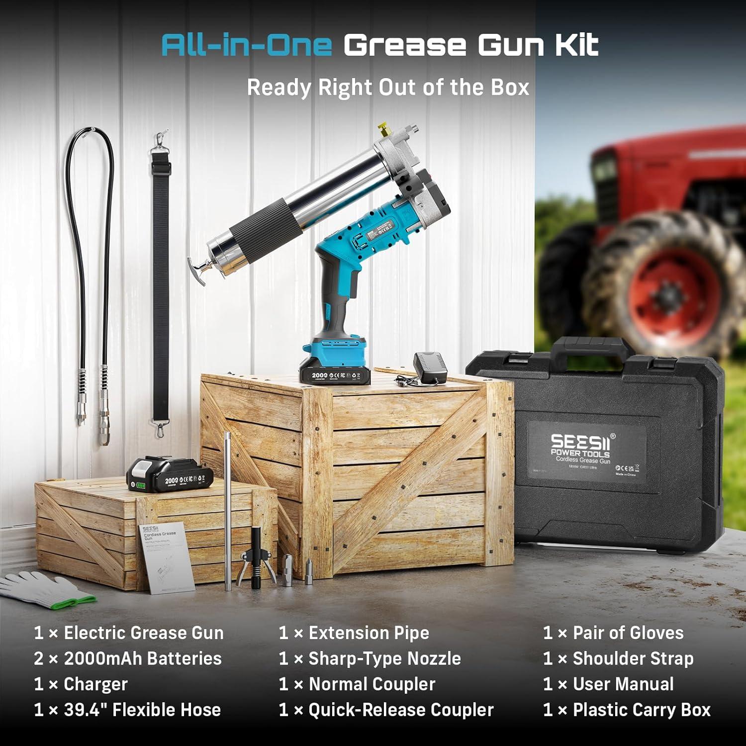 image:imageSeesii Upgraded 8000PSI Grease Gun Kit Heavy Duty Pistol Grip Grease Gun with 14oz Capacity QuickRelease Coupler 90Adapter Flexible Hose Rigid Pipe for Automotive Agricultural Industrial12000PSI