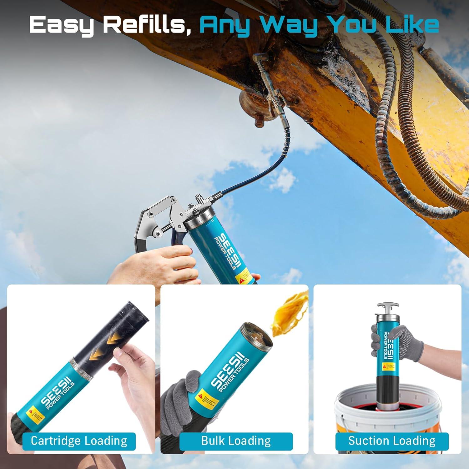 image:imageSeesii Upgraded 8000PSI Grease Gun Kit Heavy Duty Pistol Grip Grease Gun with 14oz Capacity QuickRelease Coupler 90Adapter Flexible Hose Rigid Pipe for Automotive Agricultural Industrial8000PSI