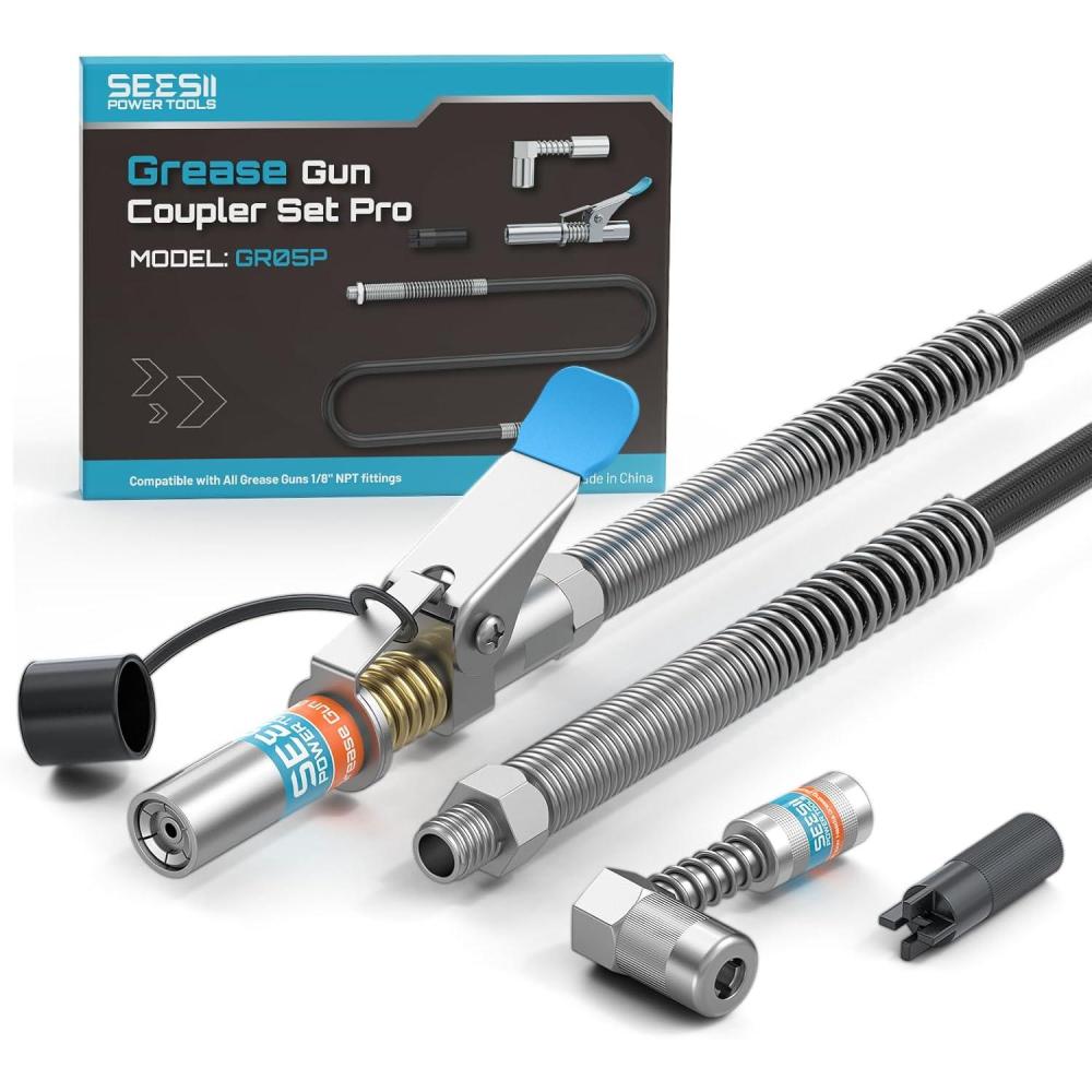 image:imageSeesii Grease Gun Accessory Kit Includes QuickRelease Coupler 90 Degree Grease Gun Coupler Adapter 12 Inch Flexible Hose 2 Grease Needle Tips for Easy Greasing Narrow Tight amp Deep Spaces GR04PPro Kit 12000 PSI Coupler 394 Hose