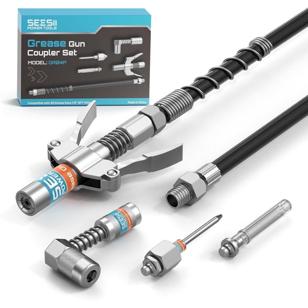 image:imageSeesii Grease Gun Accessory Kit Includes QuickRelease Coupler 90 Degree Grease Gun Coupler Adapter 12 Inch Flexible Hose 2 Grease Needle Tips for Easy Greasing Narrow Tight amp Deep Spaces GR04PStandard Kit with Needle Tips