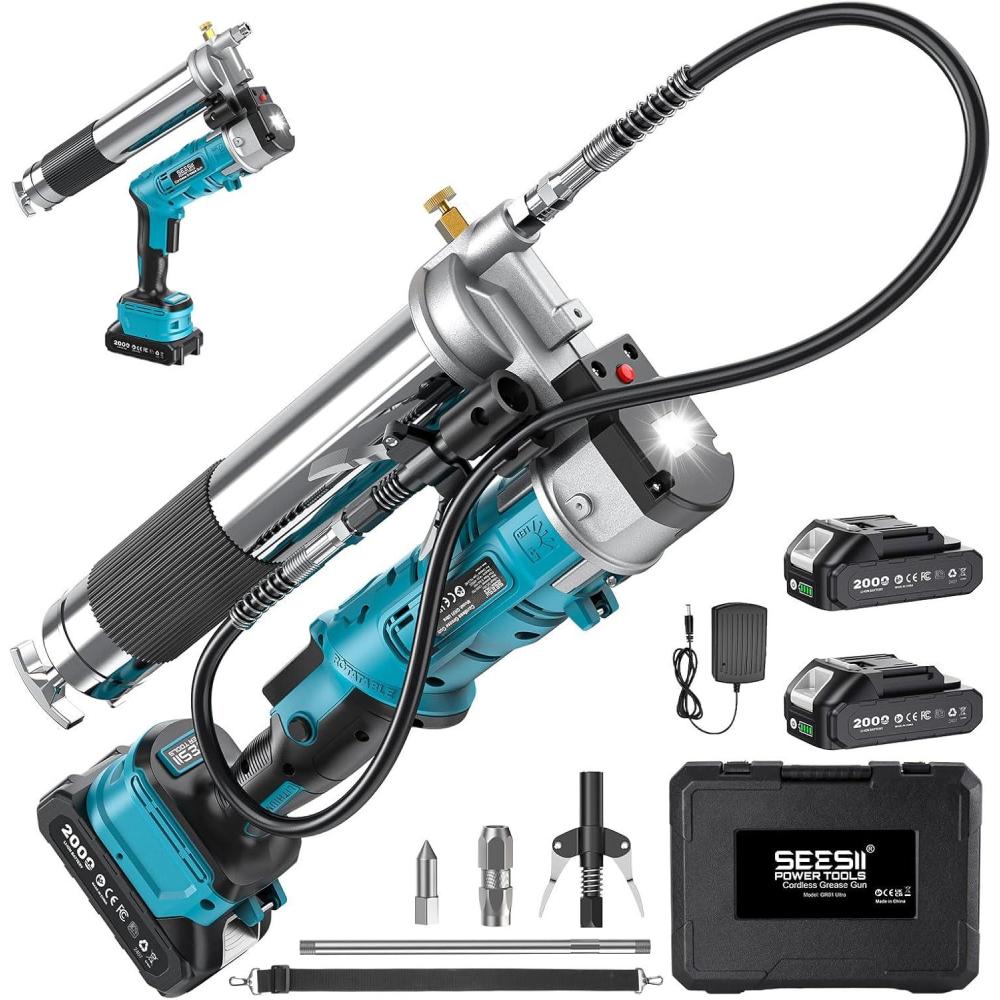 image:imageSeesii Upgraded 8000PSI Grease Gun Kit Heavy Duty Pistol Grip Grease Gun with 14oz Capacity QuickRelease Coupler 90Adapter Flexible Hose Rigid Pipe for Automotive Agricultural Industrial12000PSI
