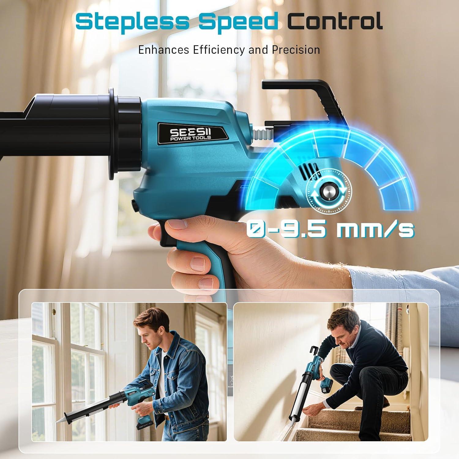 image:imageSEESII Electric Caulking Gun 29oz Cordless Caulk Gun with 2x 2000mAh Battery Stepless Speed AntiDrip Led Light Battery Powered Caulking Gun for Filling Sealing29oz