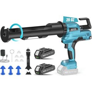 SEESII Electric Caulking Gun 29oz, Cordless Caulk Gun with 2x 2000mAh Battery, Stepless Speed, Anti-Drip, Led Light, Battery Powered Caulking Gun for Filling, Sealing(29oz)