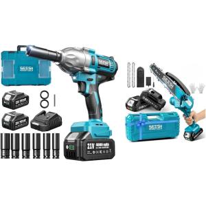 Seesii Impact Wrench 665 FT-LBS 3300IPM 1/2 Impact Gun High Torque & Mini Chainsaw 8 inch,Cordless Chainsaw w/ 2pcs 2000mAh Batteries