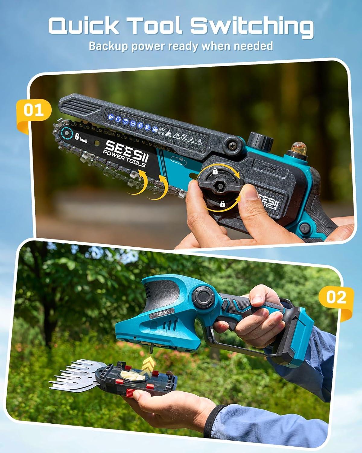 image:imageSEESII 2in1 Electric Pole Saws Brushless Mini Chainsaw Cordless 6 Inch 2 x 4000mAh Batteries Pole Saw for Tree TrimmingHand held Chain Saw with Extension Pole for Tree Limb Branch CutterP6 AceRoyal Blue