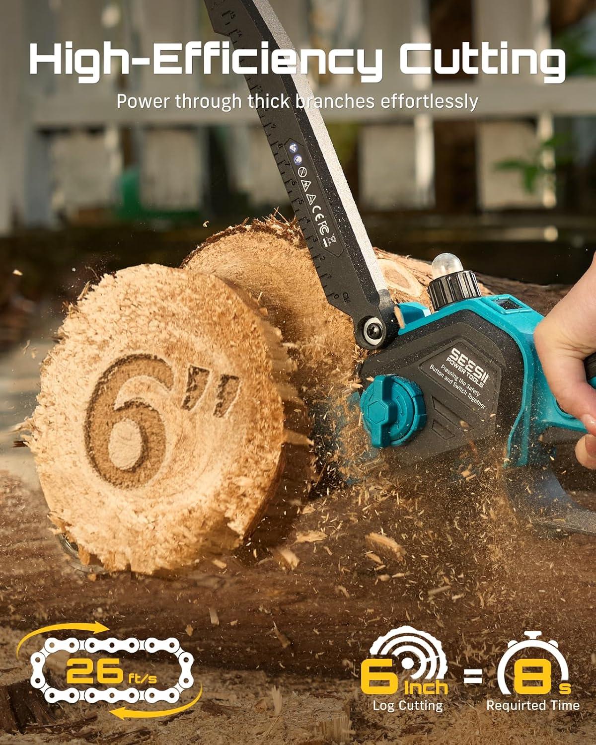 image:imageSEESII 2in1 Electric Pole Saws Brushless Mini Chainsaw Cordless 6 Inch 2 x 4000mAh Batteries Pole Saw for Tree TrimmingHand held Chain Saw with Extension Pole for Tree Limb Branch CutterP6 AceDeep Blue