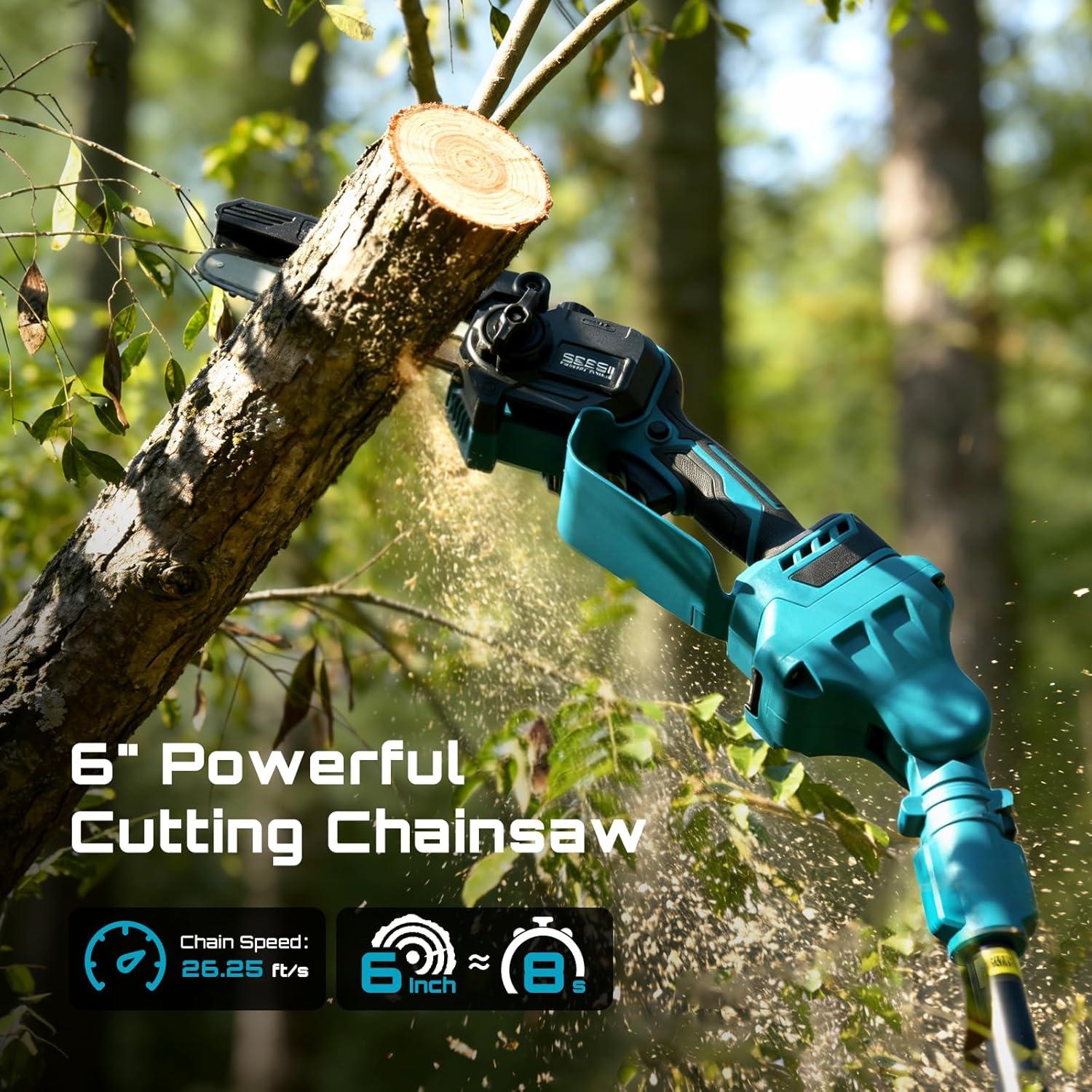 image:imageSEESII 2in1 Electric Pole Saws Brushless Mini Chainsaw Cordless 6 Inch 2 x 4000mAh Batteries Pole Saw for Tree TrimmingHand held Chain Saw with Extension Pole for Tree Limb Branch CutterP6 AceCobalt Blue