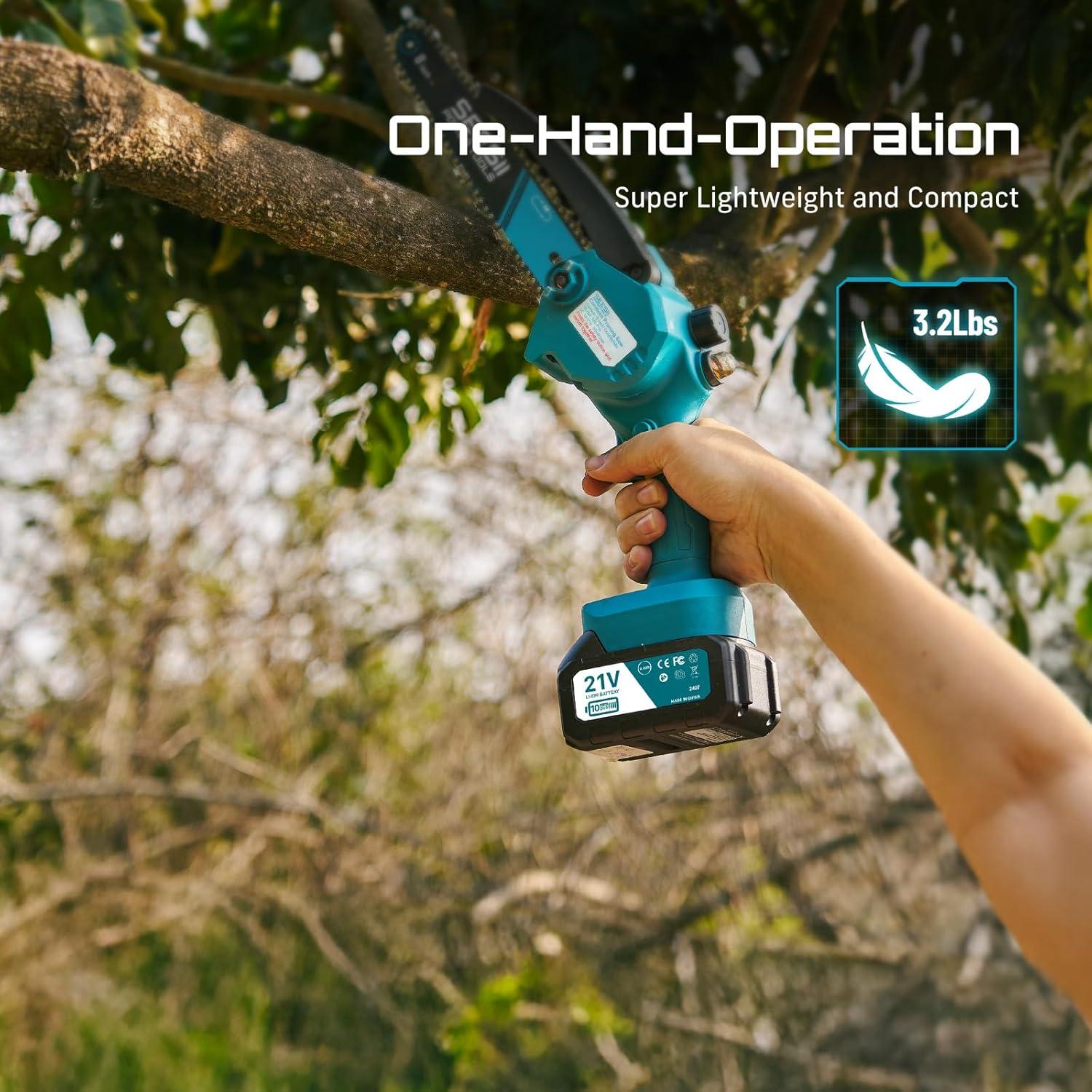 image:imageSEESII 2in1 Electric Pole Saws Brushless Mini Chainsaw Cordless 6 Inch 2 x 4000mAh Batteries Pole Saw for Tree TrimmingHand held Chain Saw with Extension Pole for Tree Limb Branch CutterP6 AceLight Blue