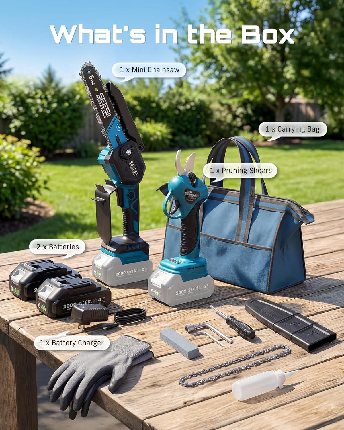 image:imageSEESII 2in1 Electric Pole Saws Brushless Mini Chainsaw Cordless 6 Inch 2 x 4000mAh Batteries Pole Saw for Tree TrimmingHand held Chain Saw with Extension Pole for Tree Limb Branch CutterP6 AceNavy Blue