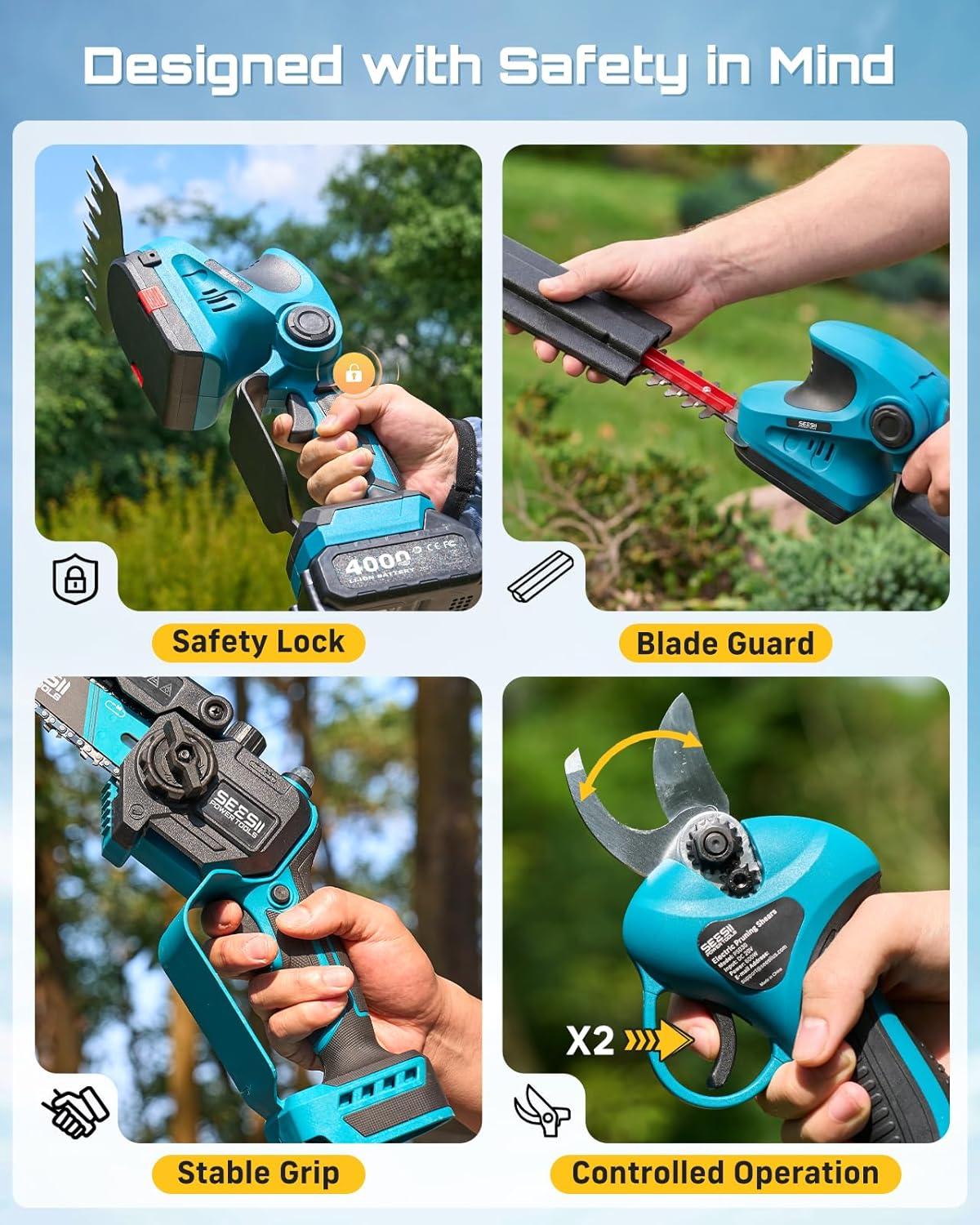image:imageSEESII 2in1 Electric Pole Saws Brushless Mini Chainsaw Cordless 6 Inch 2 x 4000mAh Batteries Pole Saw for Tree TrimmingHand held Chain Saw with Extension Pole for Tree Limb Branch CutterP6 AceRoyal Blue