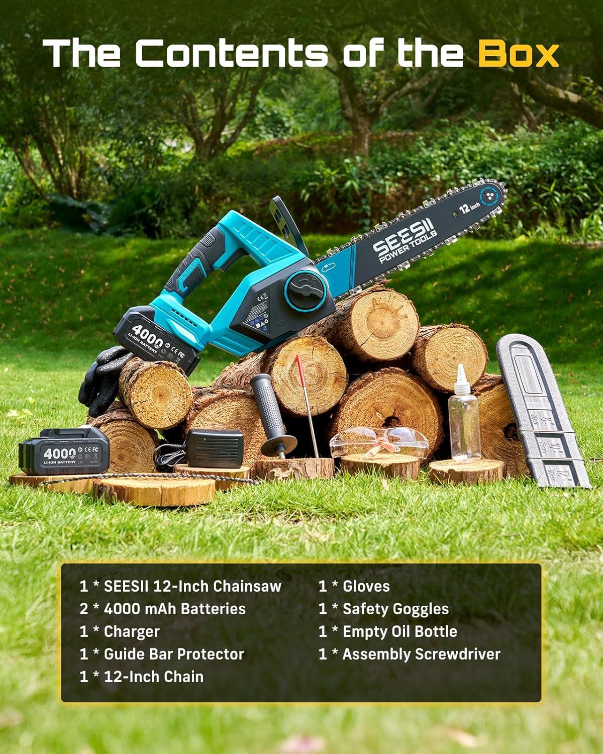 image:imageSEESII 2in1 Electric Pole Saws Brushless Mini Chainsaw Cordless 6 Inch 2 x 4000mAh Batteries Pole Saw for Tree TrimmingHand held Chain Saw with Extension Pole for Tree Limb Branch CutterP6 AceIce Blue